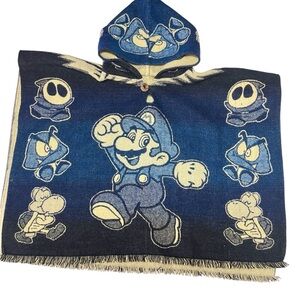 Blue Hooded Poncho with Cartoon Characters